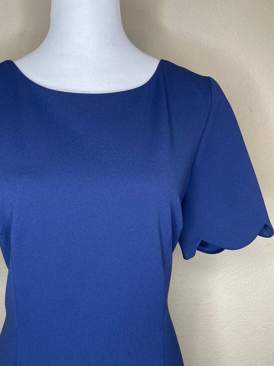 Glamour Vintage Cobalt Blue Scallop Edge Zip Midi Dress Sz 14 Occasion Modest - Picture 2 of 12